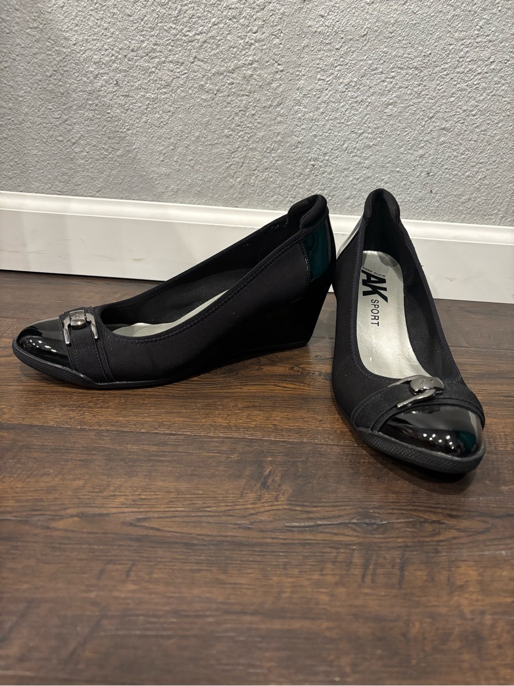 Anne Klein Sport Black Wedge Pumps with Patent Toe and Buckle